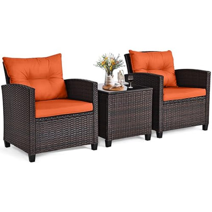 3 Pieces Patio Furniture Set, Outdoor Wicker Conversation Set Rattan Chairs with Cushions, Glass Coffee Table, Bistro Set for Front Porch Balcony Garden Deck Poolside (Orange)