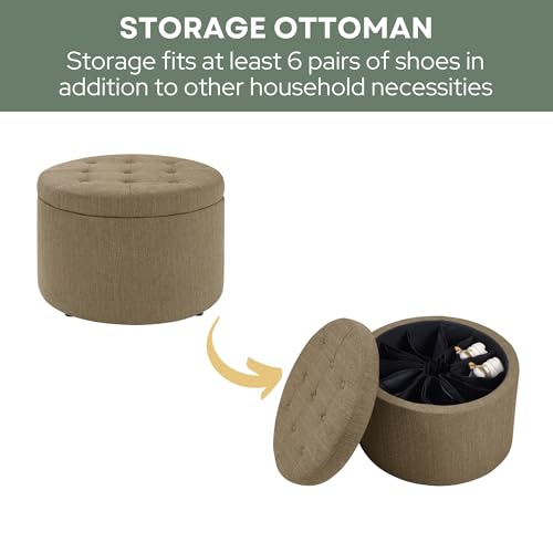 Designs4Comfort Round Shoe Ottoman 22" - Upholstered Footstool, Small Table, & Seat with Storage Compartment for Living Room, Entryway, Bedroom, Sandstone Fabric