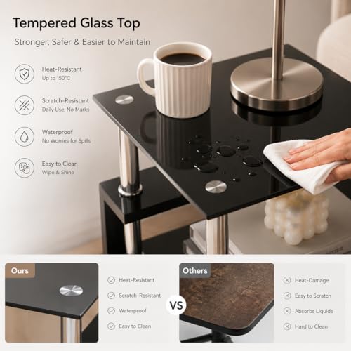 Tempered Glass End Table, Black Modern Square Side Table with Metal Frame, 2-Tier Glass Sofa Table for Home, Bedroom, Apartment & Small Spaces