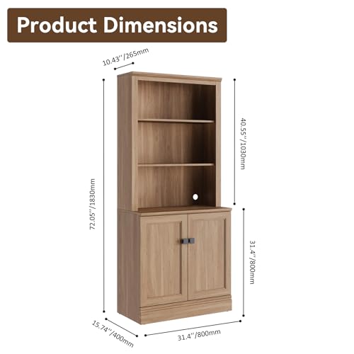 72 in Tall Bookshelf 5 Tier Bookcase with Adjustable Shelves, Oak Book Shelf with Storage Cabinet, Wood Freestanding Display Bookshelves for Home Office，Bedroom, Living Room