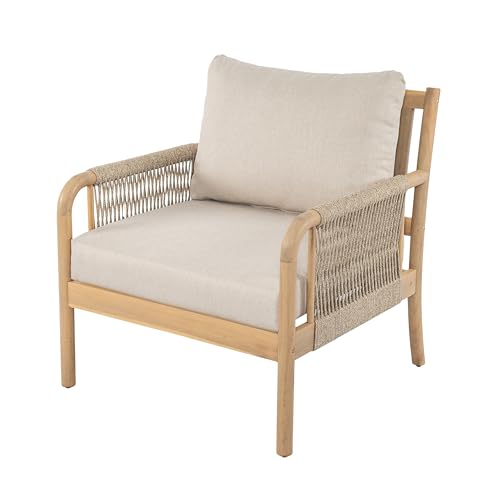 Casper Acacia Wood Lounge Chair Outdoor with Removable Cushion, Wooden Patio Accent Chair with Woven Rope Details, Outdoor Armchair for Patio Furniture Set, Light Teak+Beige