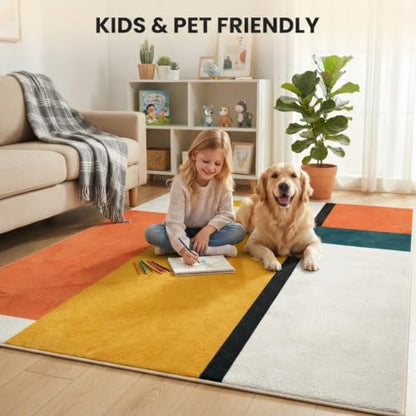 Mustard Yellow Terracotta Teal Bauhaus Color Block Abstract Mid Century Modern Area Rug 2x6 Boho Rug for Living Room Dining Room Bedroom Gustroom Home Office Dorm Apartment Washable Low Pile Carpet