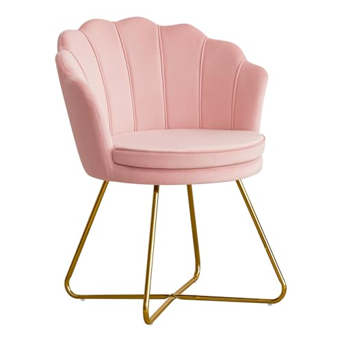 Pink Vanity Chair with Back, Velvet Shell Accent Chairs for Living Room Bedroom, Criss Cross Chair with Gold Legs no Wheels, Seat for Make up