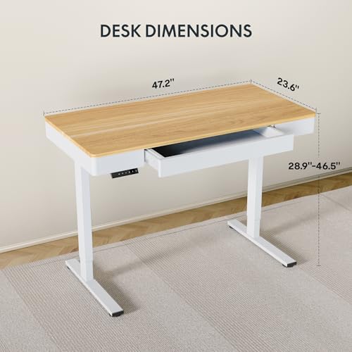 FLEXISPOT Standing Desk with Drawer, 48 x 24 Inch Electric Adjustable Height Stand Up Desk with Storage Organizer, Whole Piece Wooden Desktop for Home, Office, Computer Workstation, Maple
