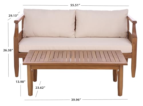 SAFAVIEH Outdoor Patio Furniture Collection - Alta Teak & Cream Solid Wood Bench with Cushions and Slatted Coffee Table, 2-Piece Set (PAT6812A)