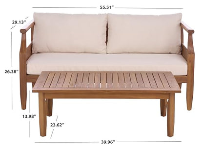 SAFAVIEH Outdoor Patio Furniture Collection - Alta Teak & Cream Solid Wood Bench with Cushions and Slatted Coffee Table, 2-Piece Set (PAT6812A)