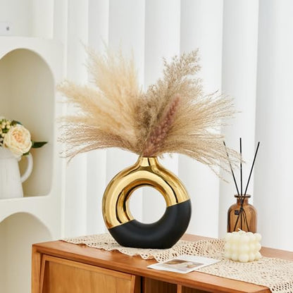 Ceramic Donut Vase, 8" L x 8" H Black and Gold Round Vase for Pampas Grass, Nordic Modern Vases for Decor, Ceramic Vase Centerpieces for Wedding, Bedroom, Living Room, Coffee Table, Office