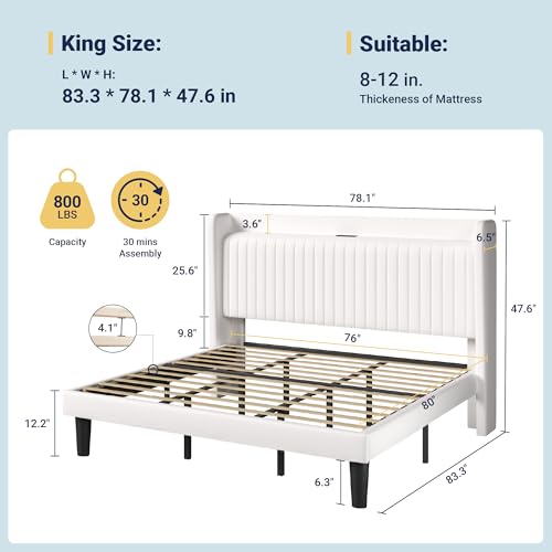 King Size Platform Bed Frame with USB Charging Station and Storage, view 3