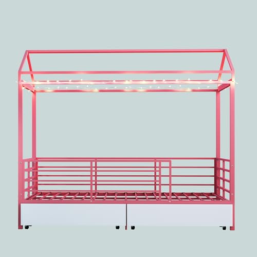 LUMISOL Twin House Bed Frame with Drawers & Guardrail, Metal House Platform Bed with Storage, Pink