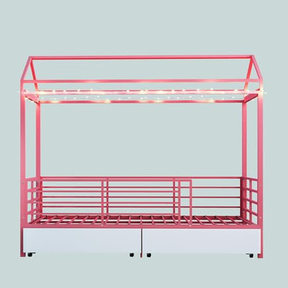 LUMISOL Twin House Bed Frame with Drawers & Guardrail, Metal House Platform Bed with Storage, Pink