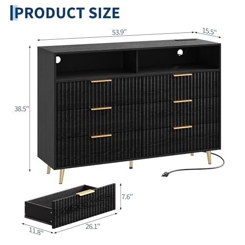 Fluted Dresser for Bedroom (Black, 53.9"W x 15.5"D x 37.8"H(6 Drawers)), view 3