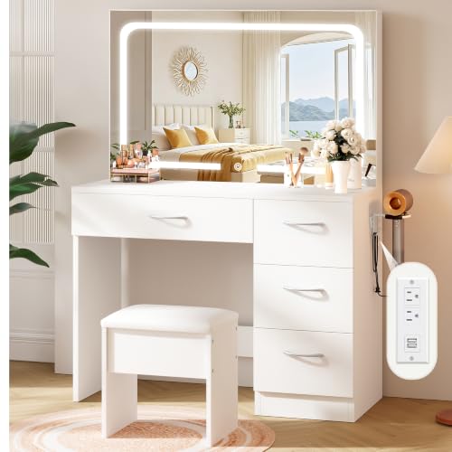 35.4" White Vanity Desk Set with Full-Width LED Mirror & Stool, view 2