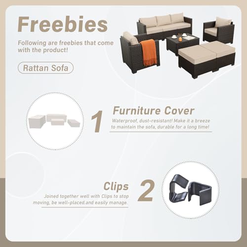 6 Pieces Patio Outdoor Furniture Outdoor Conversation Sets Wicker Sofa Set with Outdoor Couch Patio Chairs Storage Coffee Table Khaki Cushions Waterproof Covers