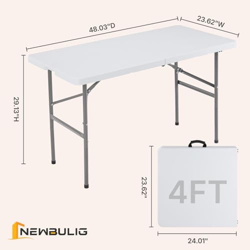 4 FT Foldable Table Easy to Fold and Store, Folding Picnic Table for Picnic Camping Kitchen Dining Party Outdoor Indoor with Carrying Handle, White