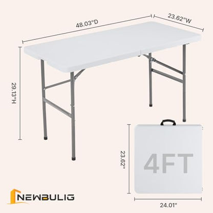 4 FT Foldable Table Easy to Fold and Store, Folding Picnic Table for Picnic Camping Kitchen Dining Party Outdoor Indoor with Carrying Handle, White
