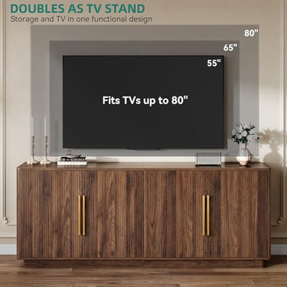 70" TV Stand for up to 80" TVs with 4 Fluted Doors, Natural Oak, view 5