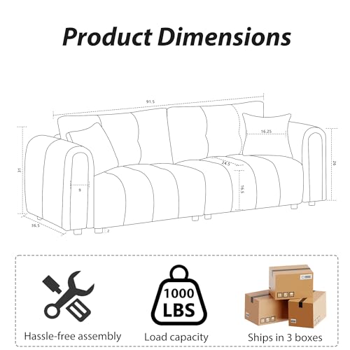 91.5"W Modern Boucle Sofa for Living Room, Oversized Loveseat Couch, Orange | Comfy Channel-Tufted Couch with Rolled Arms and 2 Soft Pillows, 3-Seater Cloud Couch for Apartment, Studio, Bedroom, Office
