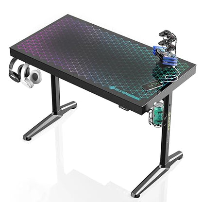 Gaming Desk, 43 Inch Computer Desk with RGB LED Glass Top, view 2