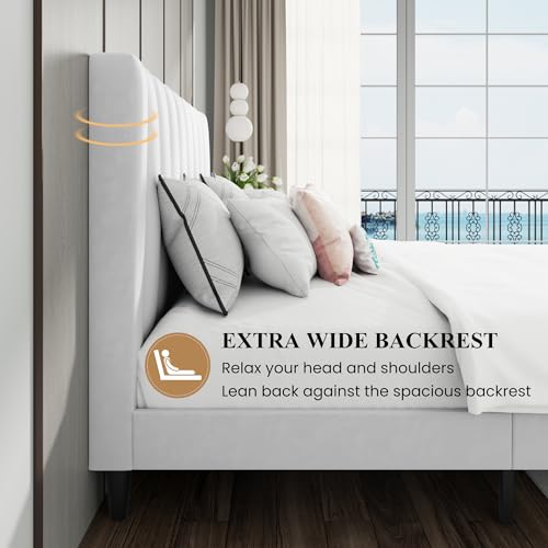 Queen Bed Frame/Velvet Upholstered Platform Bed Frame with Headboard/Strong, view 6