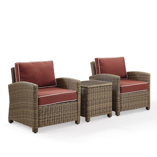 Crosley Furniture KO70052WB-SG Bradenton Outdoor Wicker 3-Piece Seating Set (2 Arm Chairs, Side Table), Weathered Brown with Sangria Cushions