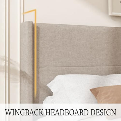 Queen Size Linen Platform Bed Frame with Wingback Upholstered Headboard, view 4