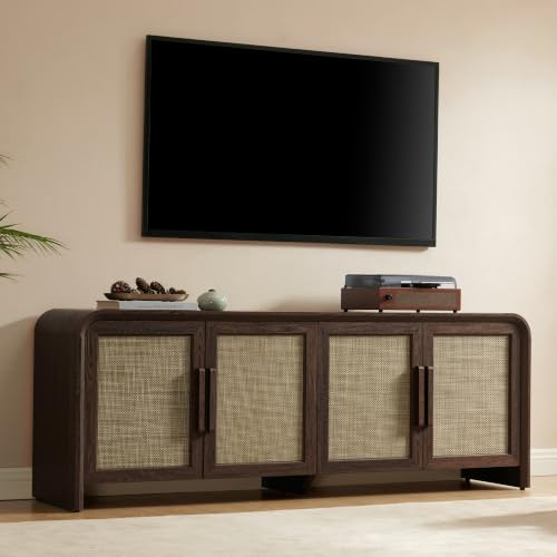65" Rattan TV Stand with Storage for 75" TV,Dark Walnut, view 2