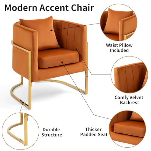Velvet Modern Accent Chairs Set of 2, Upholstered Barrel Armchair Mid Century with Pillow for Living Room, Comfy Single Vanity Chair with Metal Gold Legs for Bedroom, Orange