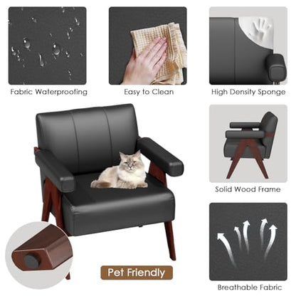 Black Leather Accent Chairs Set of 2, Mid Century Modern Accent Chair, Side Arm Chairs for Living Room, Office Guest Waiting Room Chairs (2, Black)