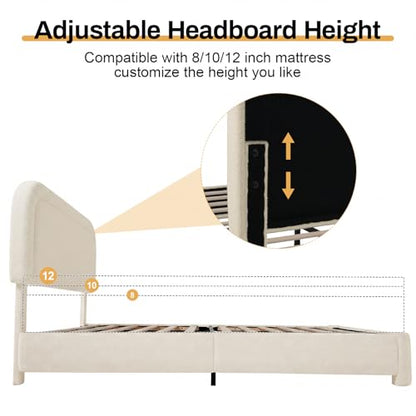 Soft Upholstered Cloud Bed Frame with Rounded Corners, Adjustable Headboard, view 5