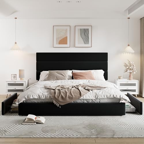 Modern King Size Platform Bed Frame with 4 Storage Drawers, view 4