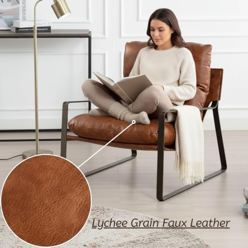 Modern PU Leather Accent Armchair, Upholstered Lounge Chair with Brass Metal Frame Thickened Cushion Comfy Leisure Chair with Lychee Grain for Bedroom Living Room, Brown