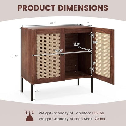 Buffet Cabinet, Rattan Sideboard Console Table Coffee Bar Accent Cabinet w/Adjustable Shelf, Walnut Credenza, Storage Cabinet for Entryway Kitchen Living Room Hallway (1, Walnut)