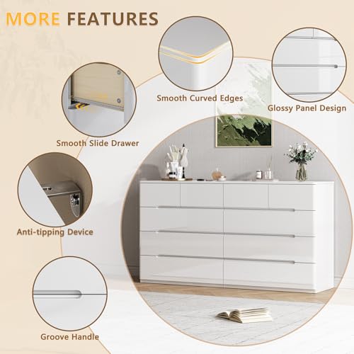 10 Drawer Dresser for Bedroom, 55" Long High Gloss Dresser, White, view 6