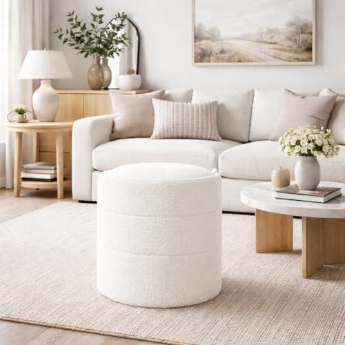 18" Storage Round Ottoman - Cream Boucle