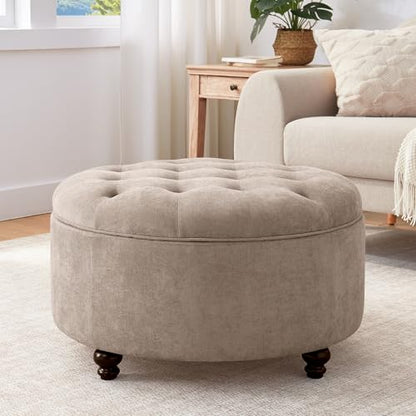 30-Inch Round Storage Ottoman, Modern Button Tufted Coffee Table with Removable Top, Upholstered Ottoman with Storage Footrest Stool for Living Room, Bedroom and Office(Brown)