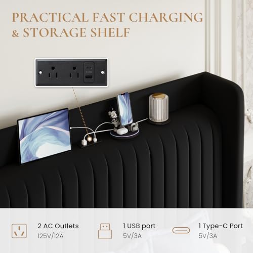 King Size Velvet Bed Frame with Shelf, Charging Station, Black, view 5