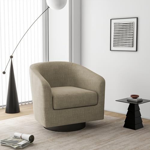 Swivel Barrel Accent Chair, Modern Round Linen Arm Chair for Living Room, Bedroom, Comfy Club Reading Chairs for Adults（Linen Fabric, Light Brown, Set of 2