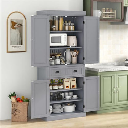 72" H Kitchen Pantry Cupboard Cabinet, Traditional Freestanding Large Tall Storage Cabinet with 2 Cabinets and Drawer, Adjustable Shelves, for Living Room Kitchen, 30 x 16 x 72 Inch
