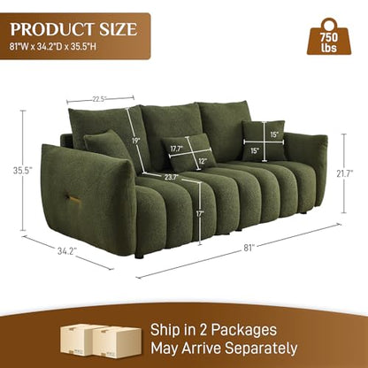 Boucle Cloud Sofa Couch, Comfy Upholstered Deep Seat Boucle Sofa, Cozy Modern 3 Seater Couch with 3 Pillows, Oversized Loveseat for Living Room Apartment Office, Olive Green