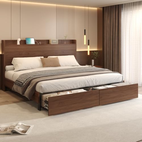 King Size Bed Frame with Storage Headboard & 2 Drawers, view 5