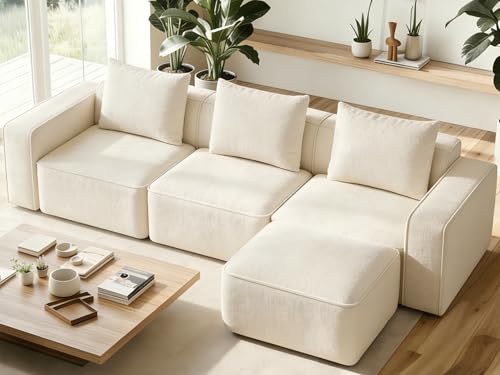 103" Modular Sectional Sofa, Minimalist Comfy Cloud Couch Sectional, Tool-Free Setup Couches for Living Room, Wood Frame l Shaped Couch with Ottoman, 22" Deep Seat Chenille Cloud Sofa