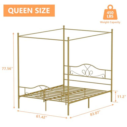 Queen Canopy Bed Frame with 4 Posters, Queen Size Bed for Girls Adults, view 3