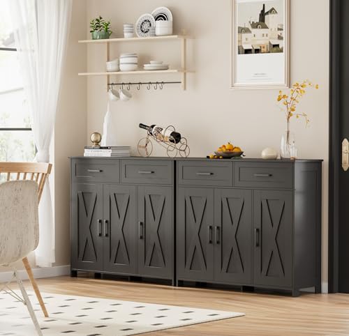 Sideboard Buffet Cabinet, Coffee Bar Storage Cabinet with Drawers and Doors, Farmhouse Kitchen Cabinet with Adjustable Shelves, for Kitchen, Dining Room, Living Room, Black