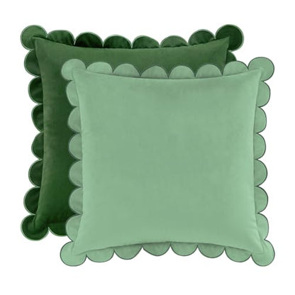 Decorative Throw Pillow Covers Cushion Cases, Set of 2 Soft Velvet Scalloped Round Edge Designs, Mix and Match for Home Decor, Pillow Inserts Not Included (16x16 inch, Green/Light Green)