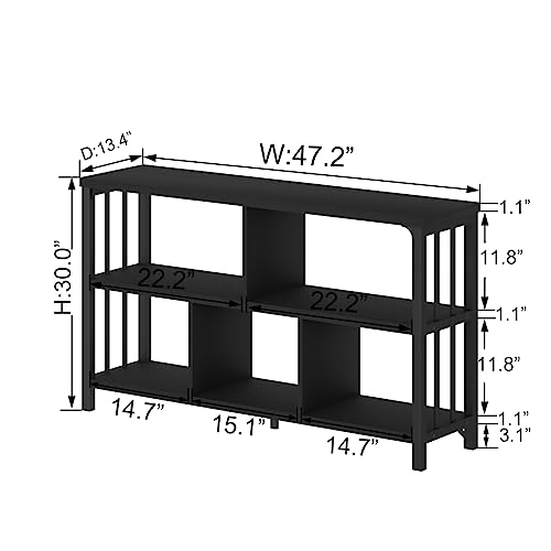 Horizontal Cube Book shelf, Industrial Modern Open Bookshelf, Low Wide Home 5 Cube Storage Organizer Long Shelf for Bedroom, Short Wood and Metal Cubby Book Shelf for Living Room, Black Oak, 47 In