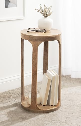 Dahl Wooden Round Drink Table; 12 x 23; Natural Brown; Transitional Boho Circle Wood Accent Pedestal Table for Living Room Plant Stand or Small Bedroom Nightstand