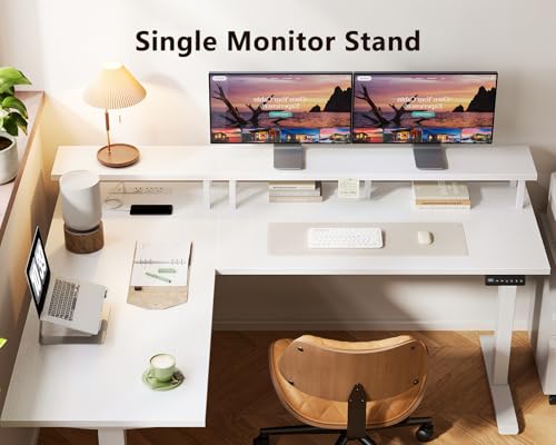Electric L-Shaped Standing Desk, 59 Inch Height Adjustable Office Desk with Monitor Stand, Sit-Stand Desk with Power Outlets, Large Lift Table for Home, Office, Workstation, White