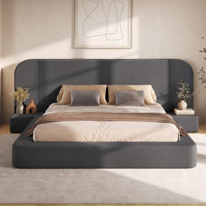 Upholstered Cloud Bed Frame Queen with Wide Headboard，Nightstands, Grey, view 2