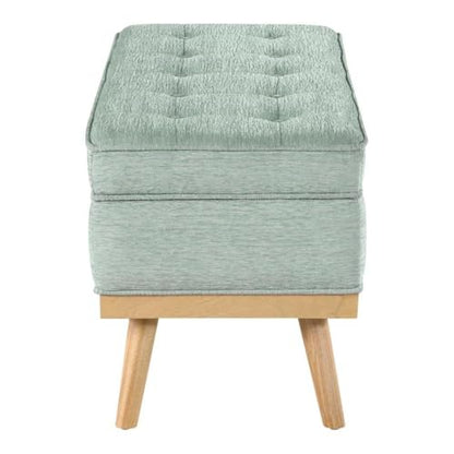 Mid-Century Modern Storage Bench, Mist Green Fabric, Wood Legs, Button-Tufted Design, Soft-Close Hinged Top, 43.5" L x 17" D x 18.5" H, Extra Seating and Hidden Storage for Entryway or