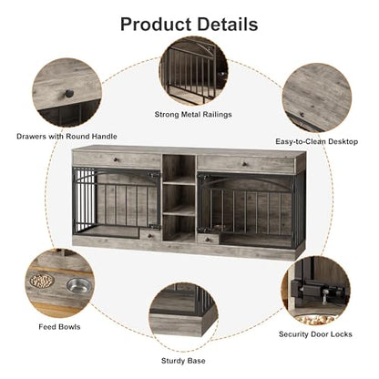 Dog Crate Furniture for 2 Dogs, Dog Kennel Indoor with Storage and Feeding Bowls, view 7